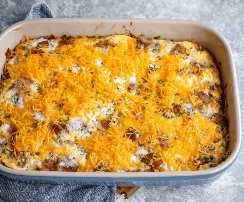 Delicious Crack Breakfast Casserole with eggs, cheese, and bacon in a baking dish.