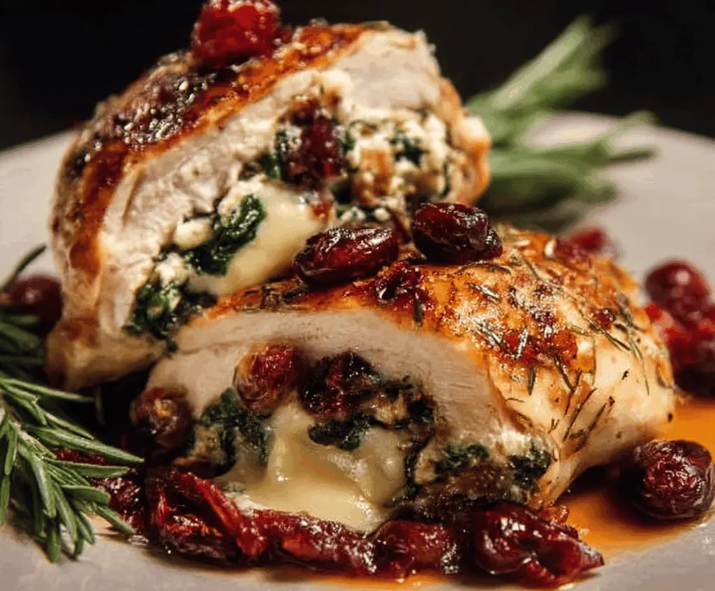 Juicy chicken breast stuffed with cranberries, spinach, and melted Brie cheese on a serving plate.