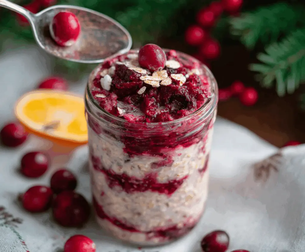 Creamy cranberries and orange zest in a jar of overnight oats for a festive breakfast.