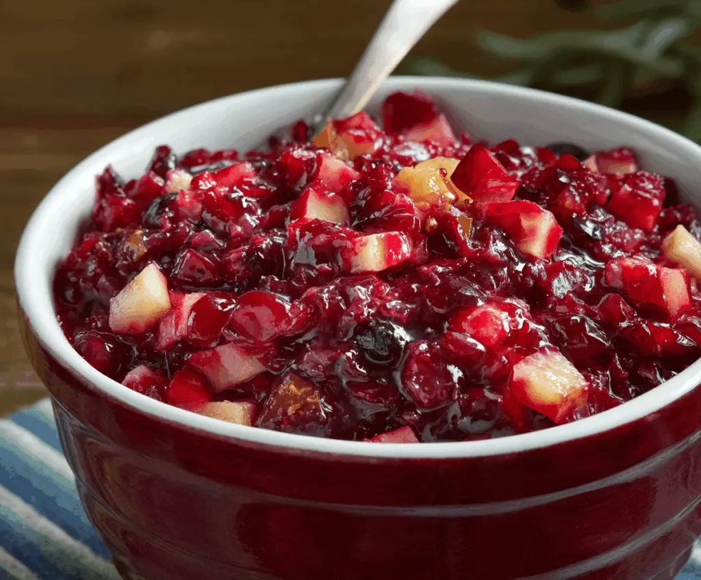 Colorful cranberry salad with fresh cranberries, chopped nuts, and mint leaves in a clear glass bowl.