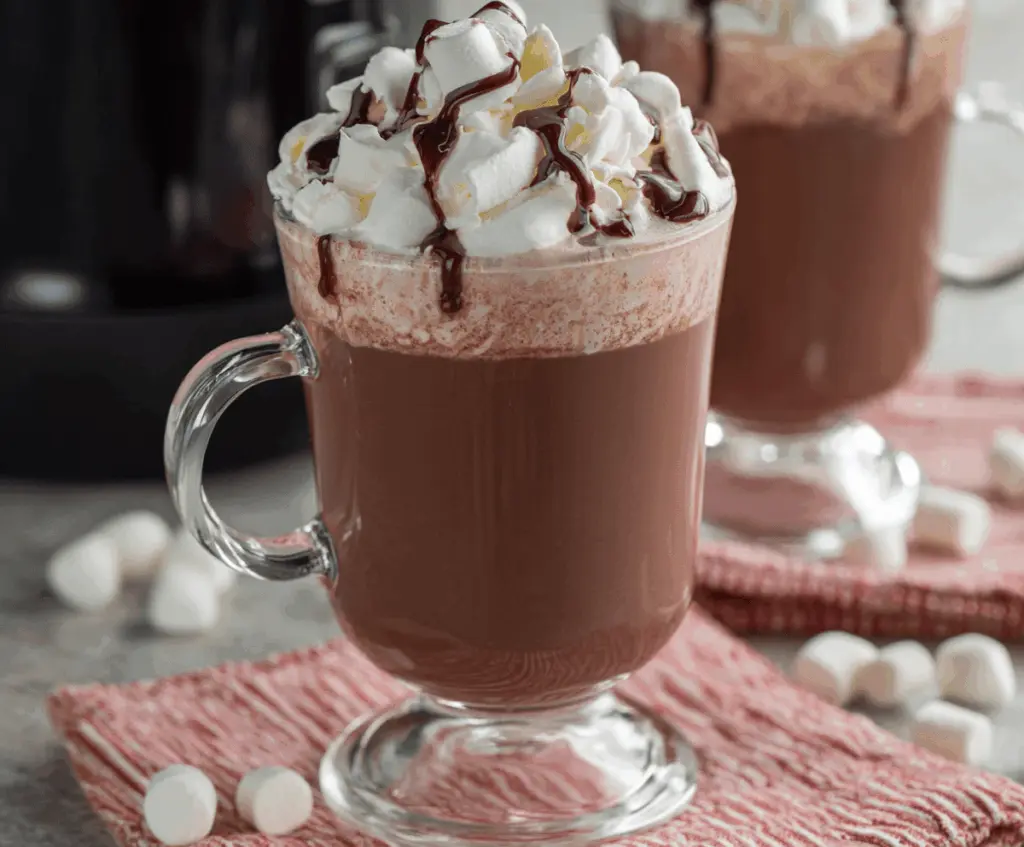 Creamy Crockpot Hot Chocolate in a mug topped with whipped cream and chocolate shavings.