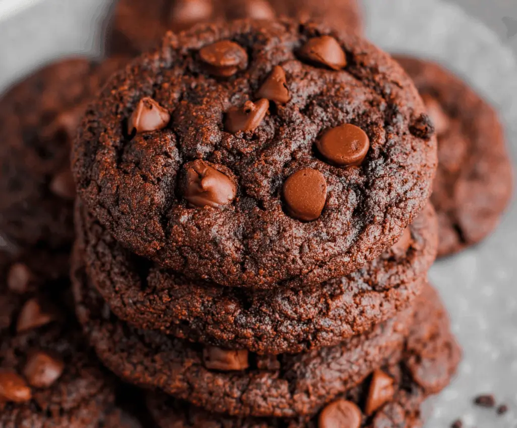 Delicious double chocolate chip cookies fresh out of the oven, featuring rich cocoa and gooey chocolate chips.