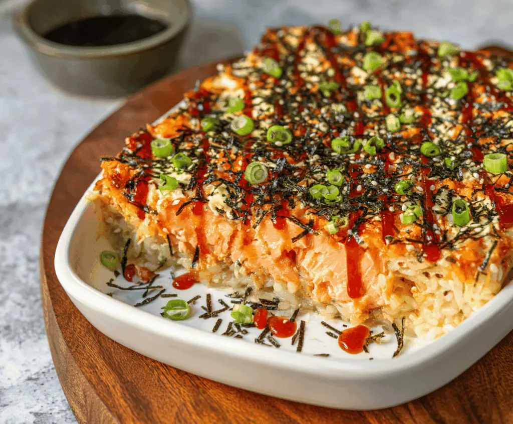 Delicious Easy Salmon Sushi Bake with flavorful salmon and crispy topping
