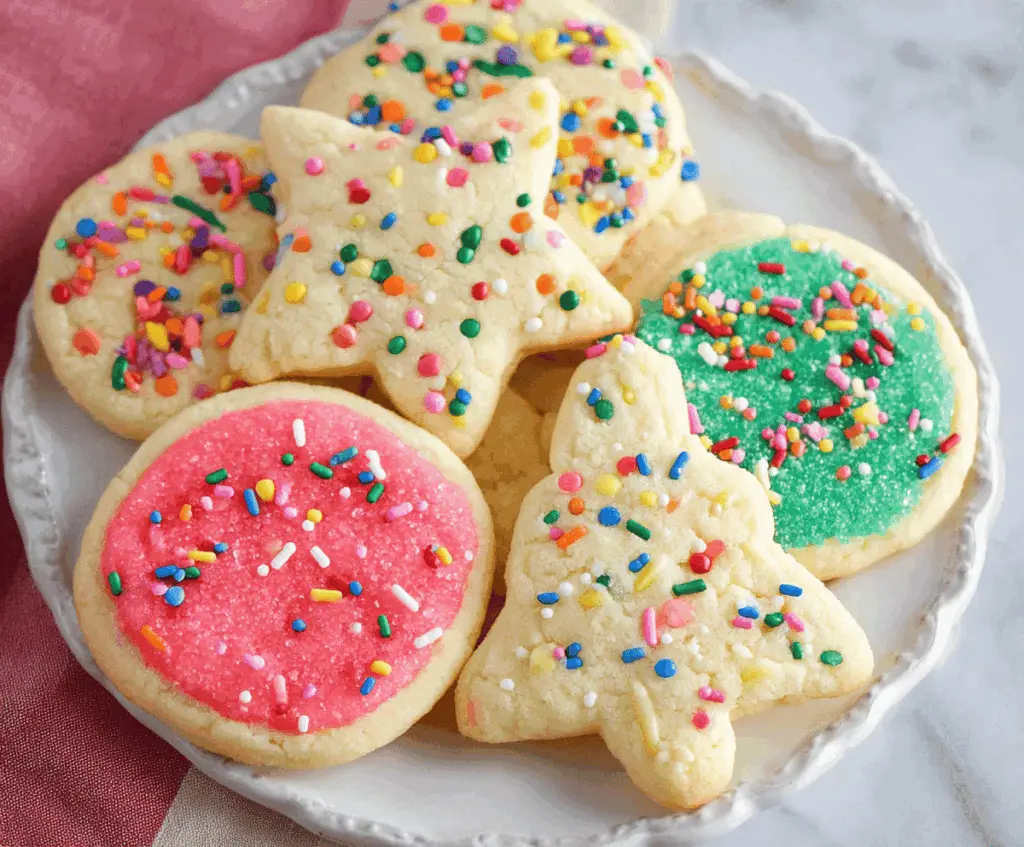 Delicious soft sugar cookies on a white plate ready to eat, perfect for holiday treats.