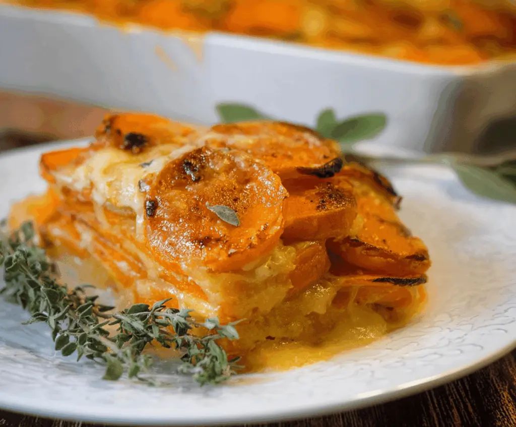 Delicious easy sweet potato gratin in a baking dish, topped with golden cheese and herbs