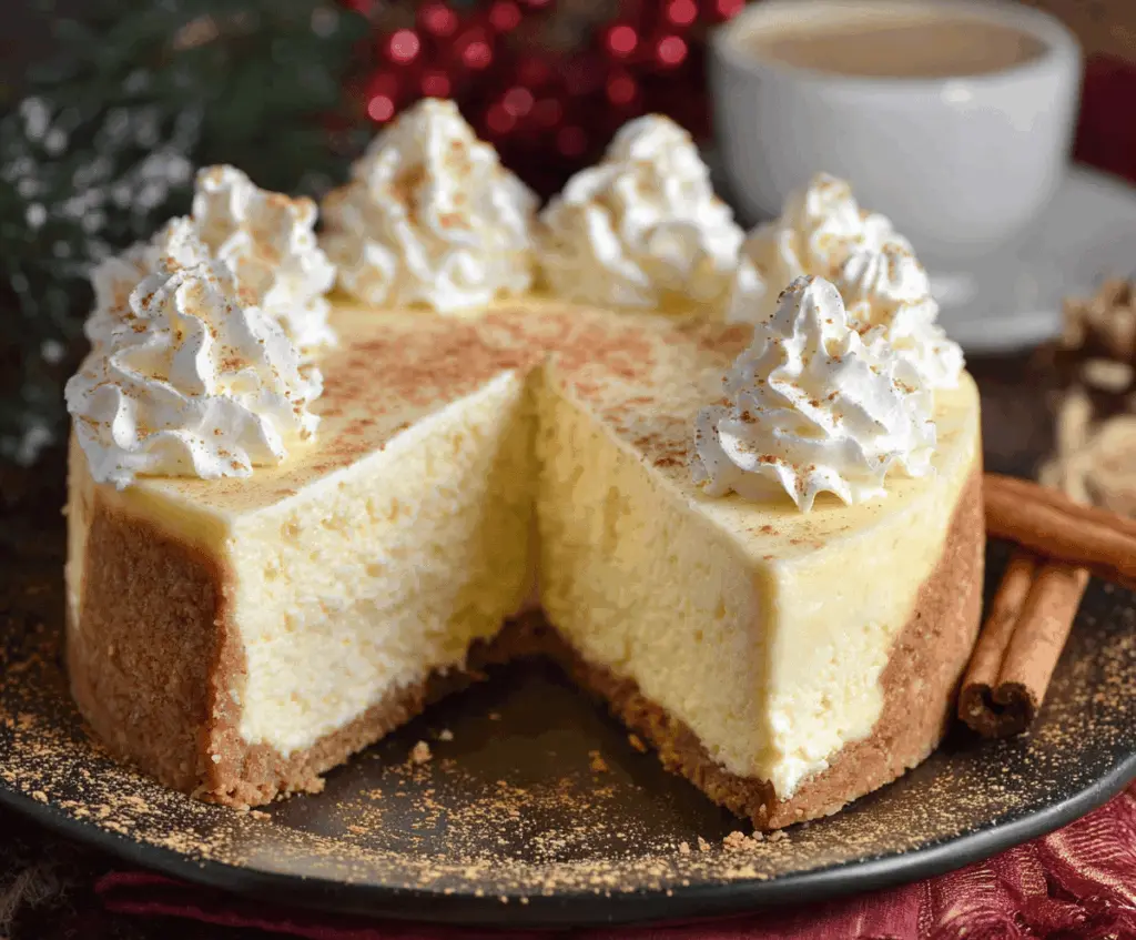 Creamy Eggnog Christmas Cheesecake topped with whipped cream and nutmeg for the holiday season.