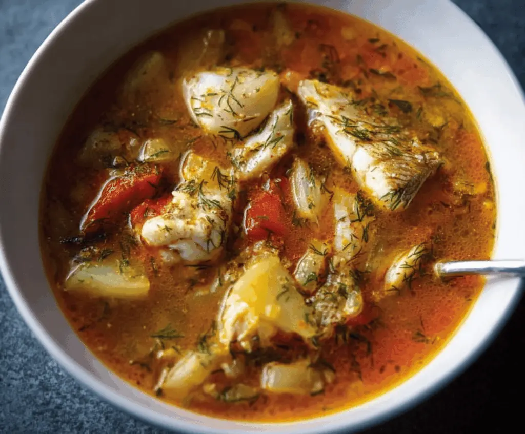 Delicious homemade fish soup with fresh herbs and vegetables, perfect for a healthy meal.