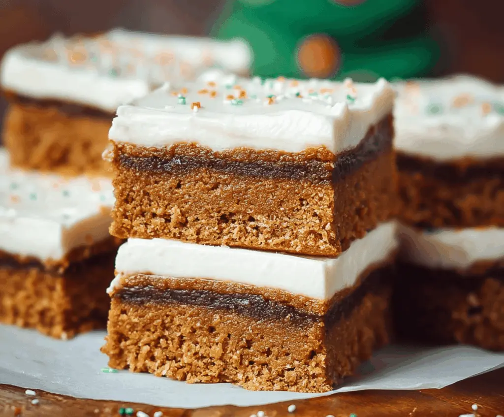 Delicious homemade gingerbread bars with a festive dusting of powdered sugar.
