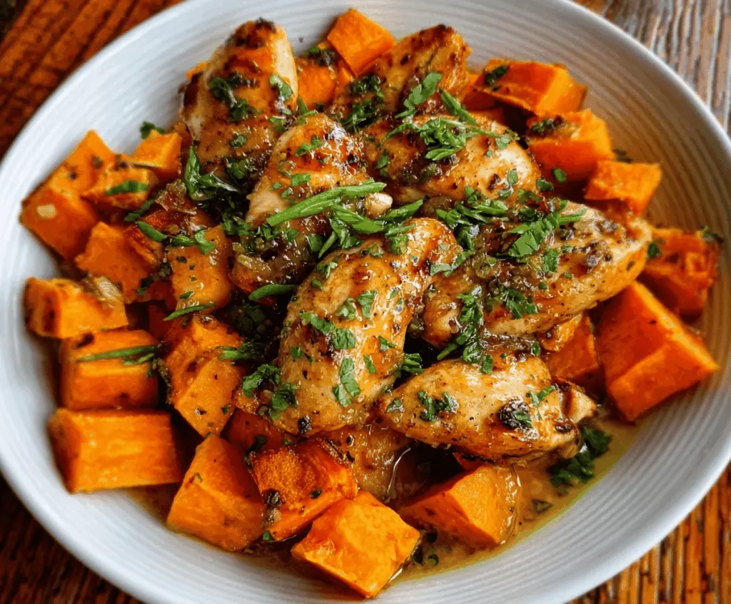 Delicious honey garlic chicken served with roasted sweet potatoes on a vibrant plate.