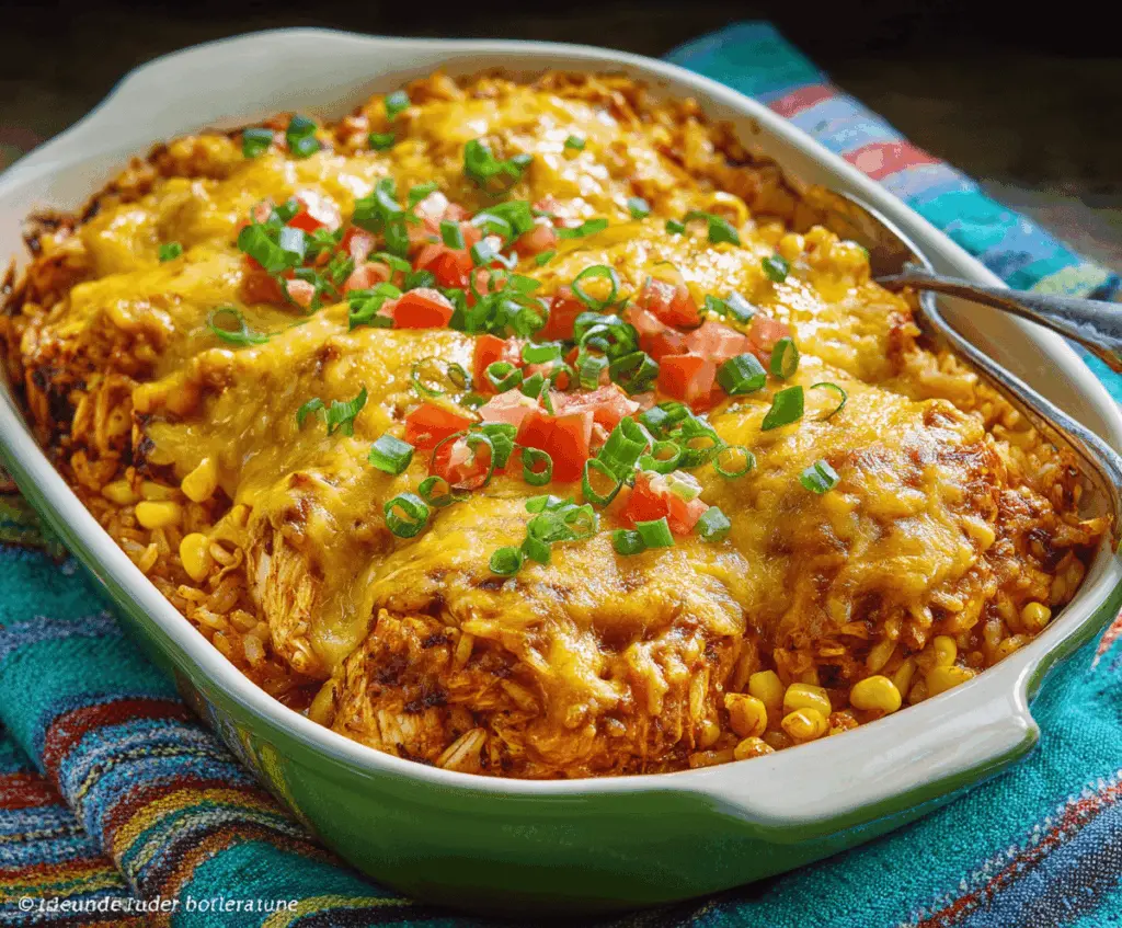 Delicious Tex-Mex Chicken Casserole served in a baking dish with melted cheese and colorful toppings.