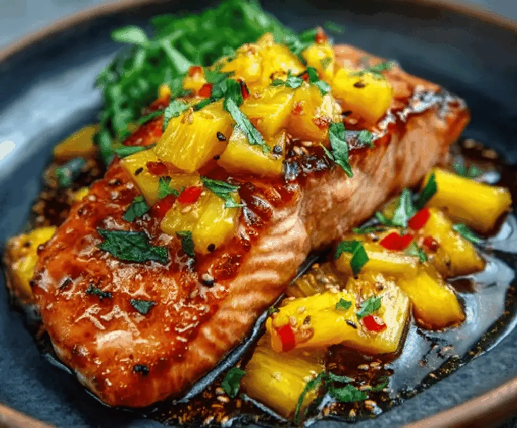 Delicious Mango Teriyaki Salmon served with fresh mango slices and vibrant vegetables.