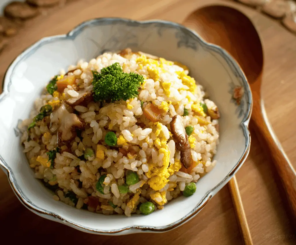 Delicious Japanese Fried Rice topped with green onions and scrambled eggs, served in a bowl.