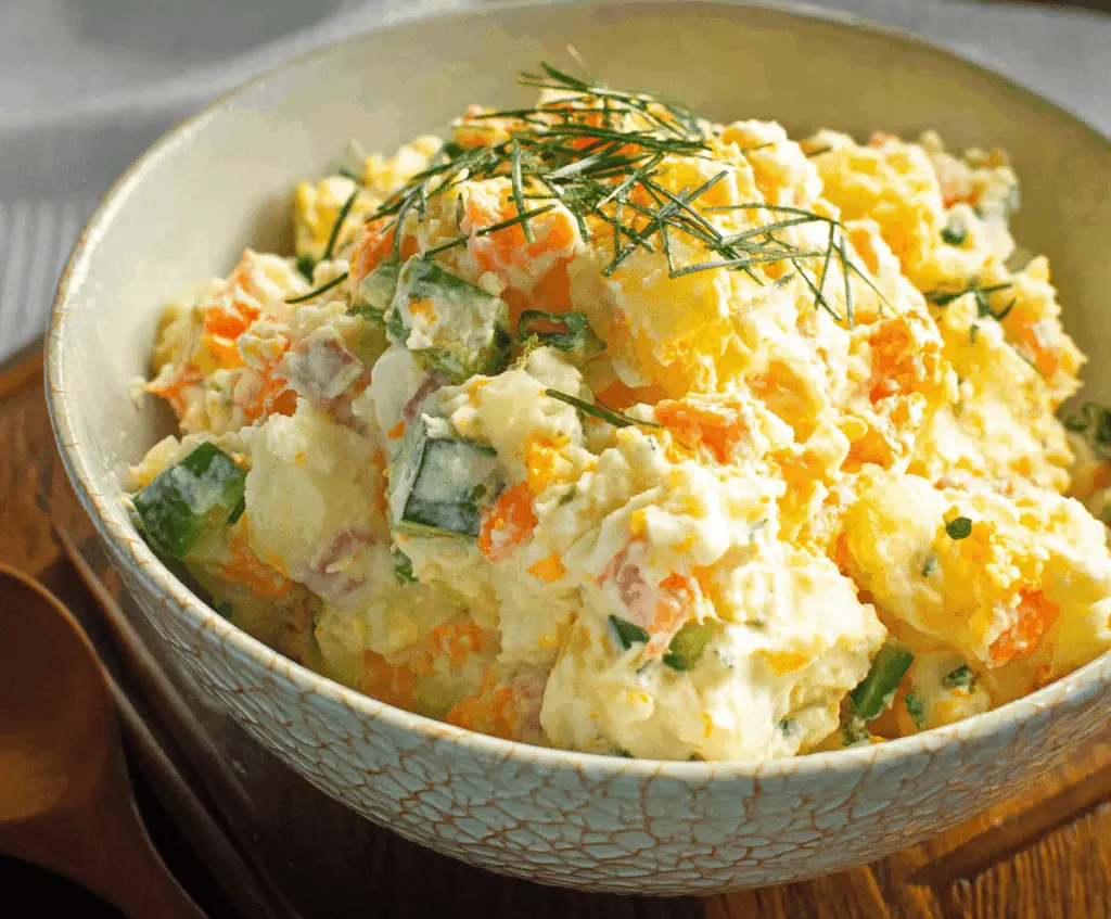 Creamy Japanese Potato Salad with vegetables and mayonnaise, served in a bowl.