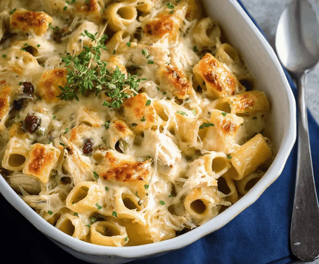 Leftover Thanksgiving turkey pasta served in a bowl, showcasing a delicious and creamy dish with golden turkey pieces and pasta.