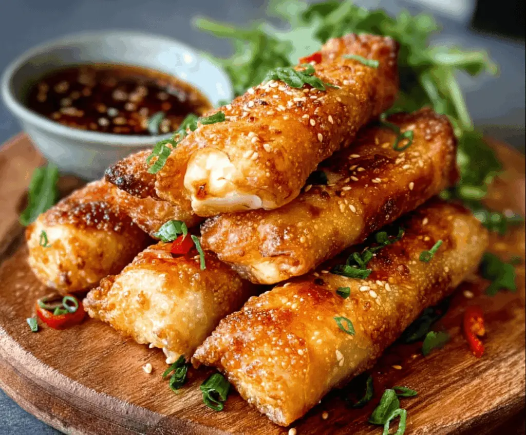 Crispy oven-fried feta cheese rolls drizzled with spicy chili honey sauce on a white plate.