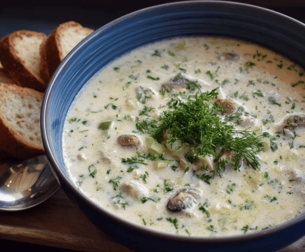 Delicious homemade oyster stew with fresh oysters, creamy broth, and herbs in a rustic bowl.