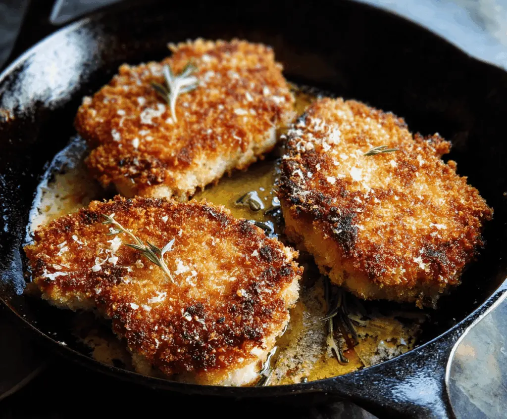 Golden Parmesan crusted pork chops served with fresh herbs on a white plate.
