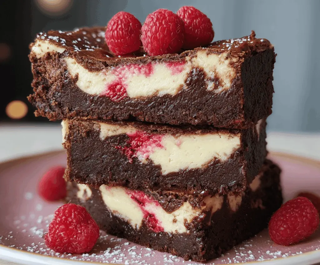Delicious Raspberry Brownie Cheesecake with a rich chocolate crust and fresh raspberry topping.