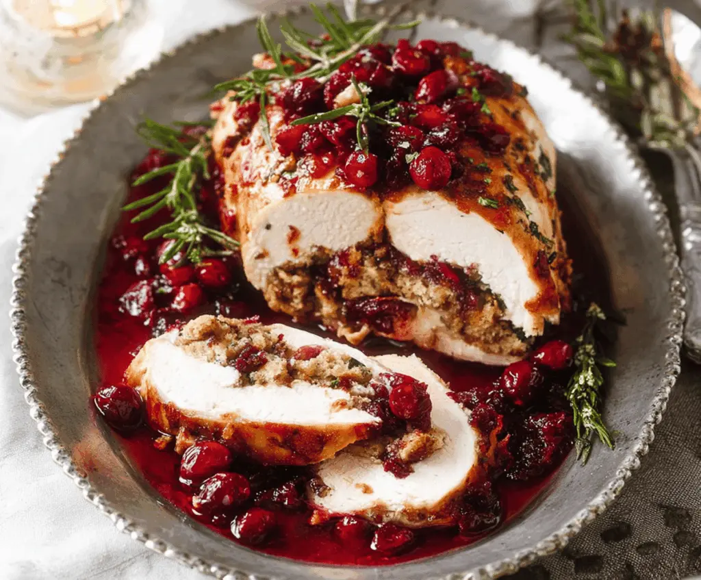 Juicy roast turkey breast served with cranberry and walnut stuffing on a festive platter.
