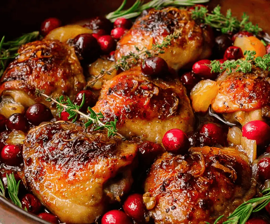 Juicy roasted cranberry chicken thighs served on a white plate with fresh herbs.
