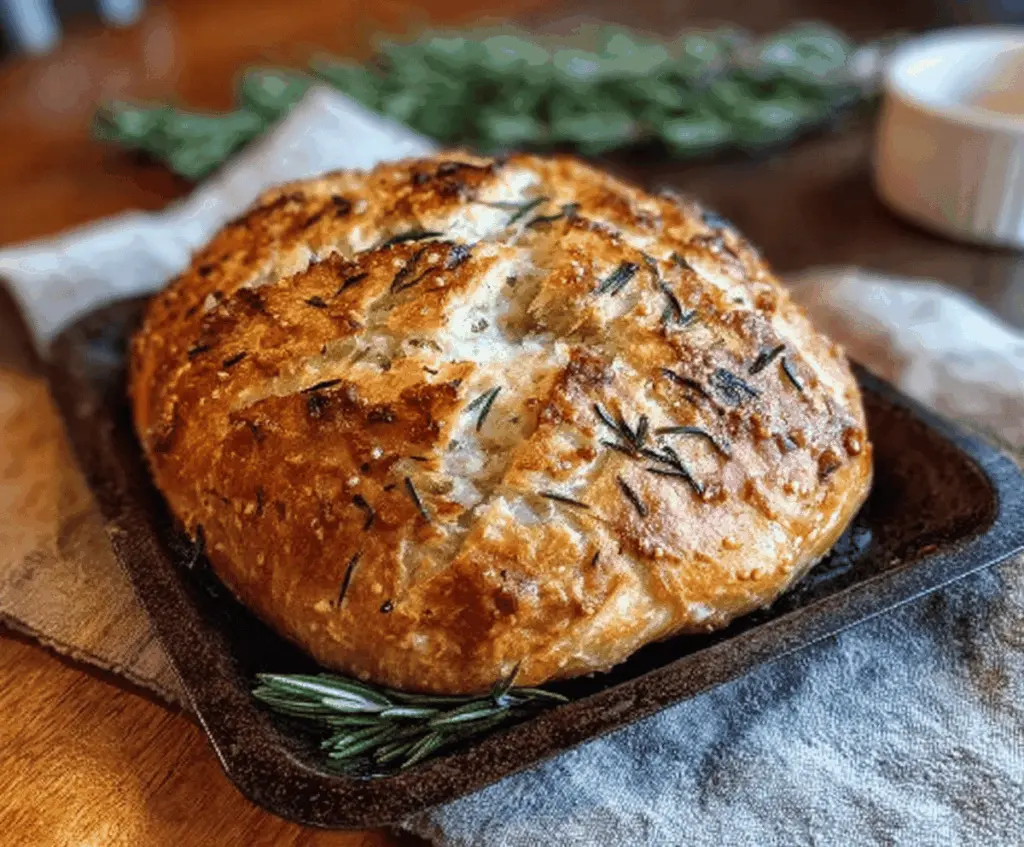 Golden, crusty Rustic No-Knead Rosemary Garlic Bread on a wooden cutting board.