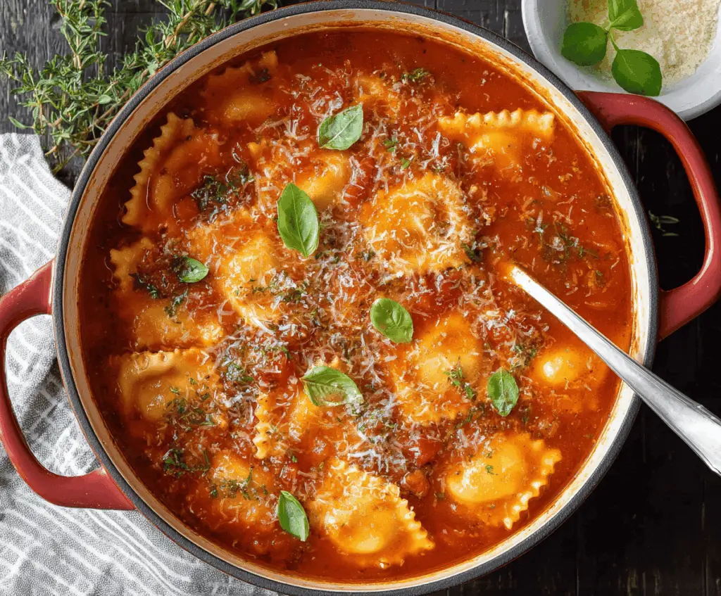 Bowl of homemade ravioli soup with fresh herbs and vegetables in a cozy kitchen setting