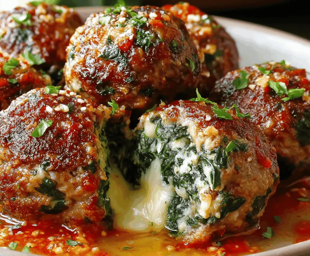 Delicious spinach and garlic meatballs stuffed with melted mozzarella cheese on a plate.