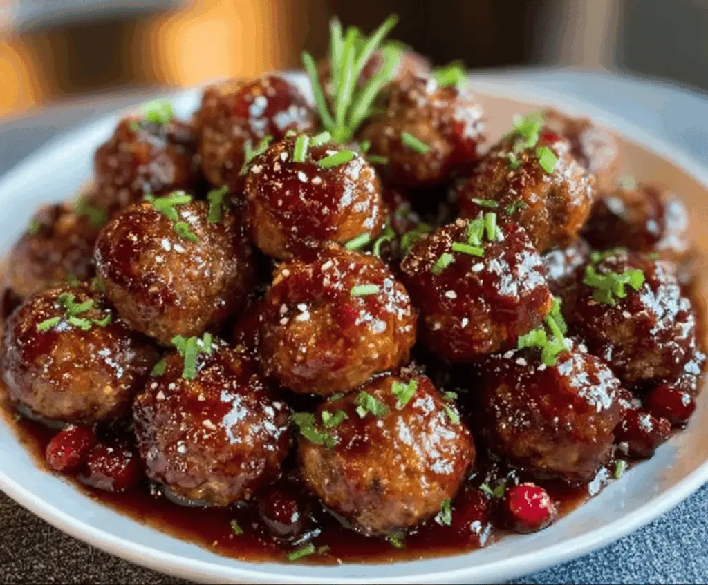 Delicious sweet and savory cranberry meatballs served on a white plate for a festive appetizer.