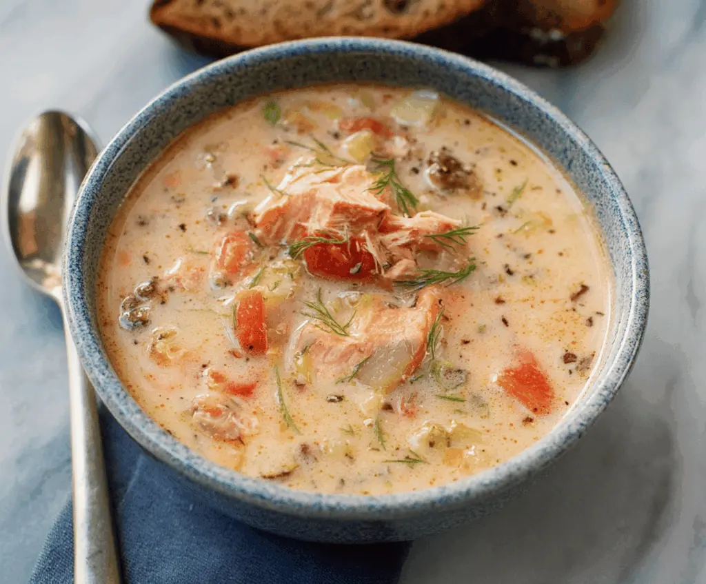 Delicious Wild Salmon Chowder in a rustic bowl with fresh herbs and vegetables
