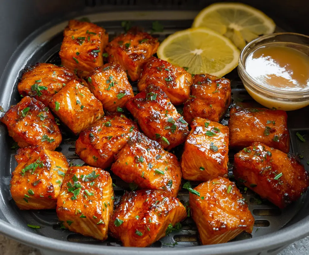 Crispy air fryer salmon bites garnished with lemon and herbs on a white plate