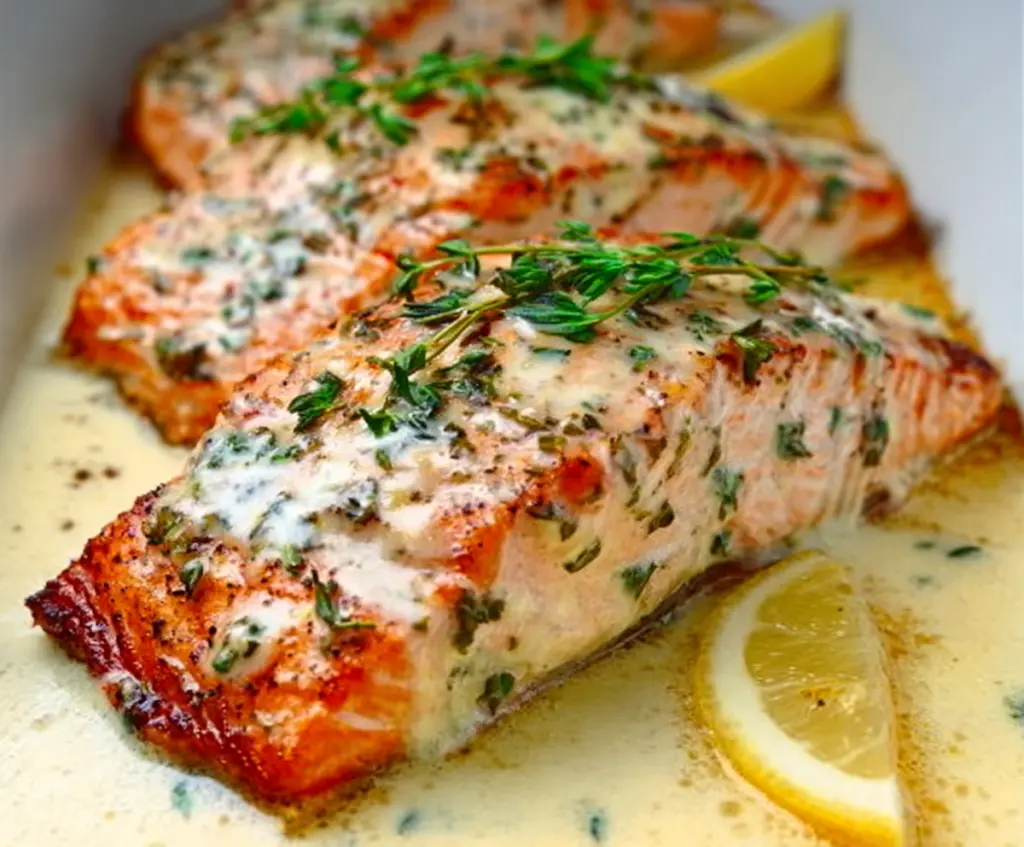 Delicious baked salmon with creamy Boursin cheese, garnished with herbs for a flavorful meal.