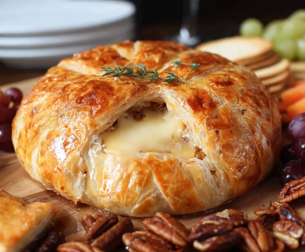 Delicious baked brie cheese wrapped in flaky puff pastry, ready to serve as an appetizer.