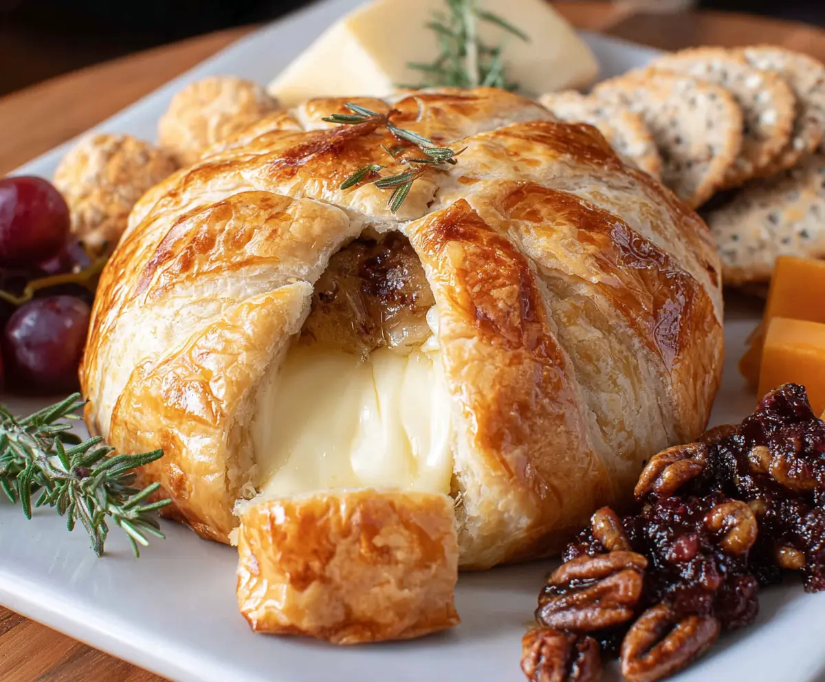 Baked brie wrapped in puff pastry sliced open and gooey