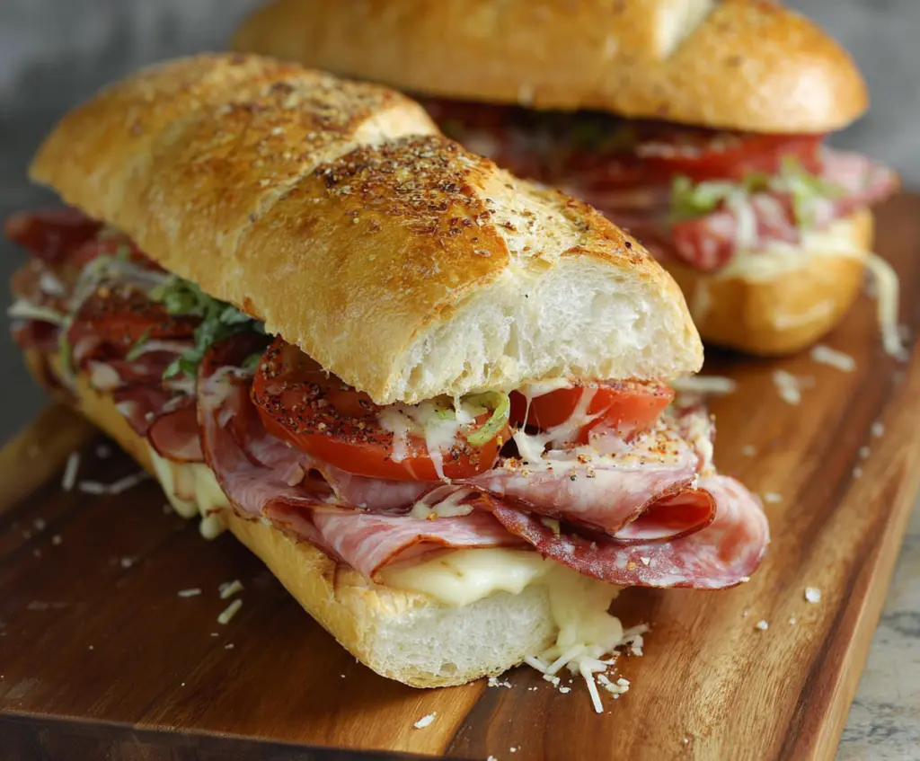 Delicious baked Italian sub sandwiches filled with melted cheese, meats, and fresh vegetables.