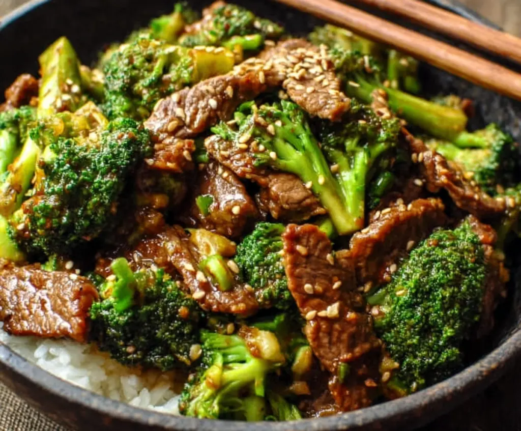 Delicious beef and broccoli stir fry with tender slices of beef and fresh broccoli florets in a savory sauce.