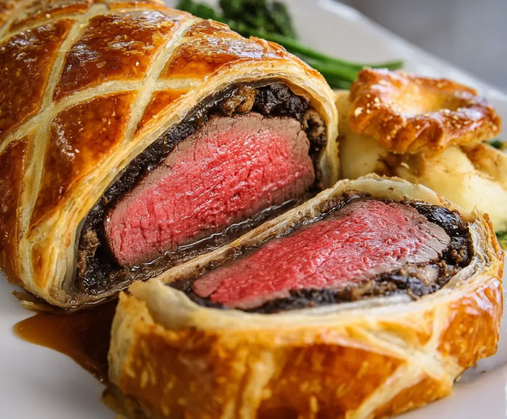 Golden Beef Wellington en croûte with flaky pastry and juicy beef fillet inside, garnished with fresh herbs.