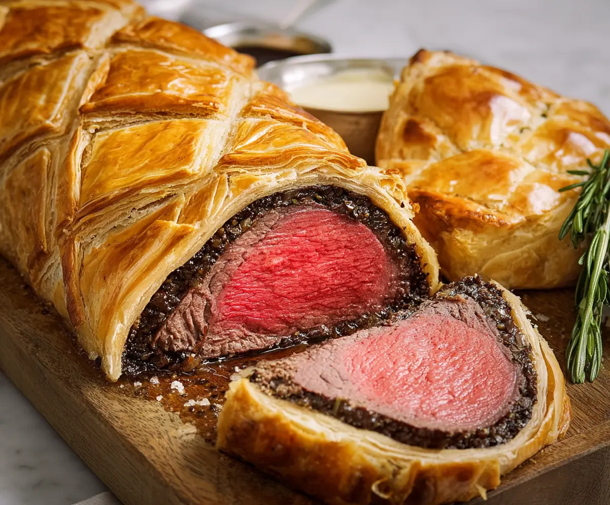 Beef Wellington sliced and served on a platter