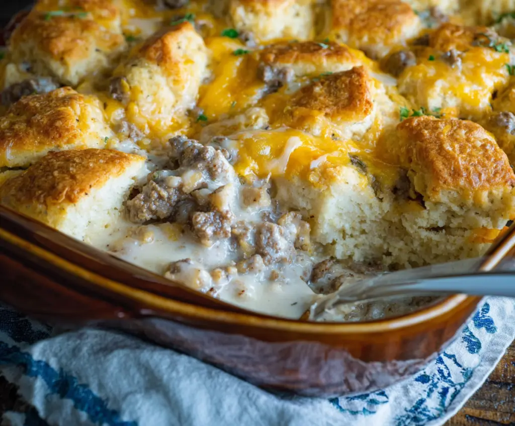 Delicious Biscuits and Gravy Breakfast Casserole ready to serve for a hearty breakfast
