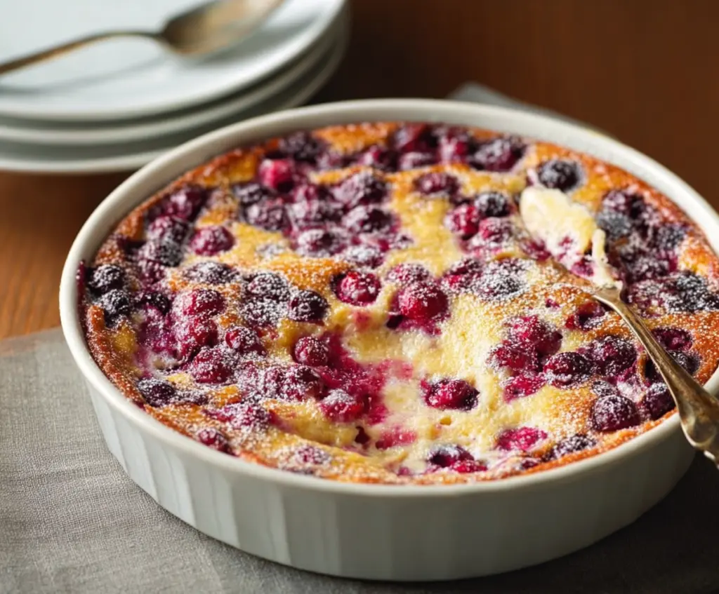 Delicious Blueberry-Ginger Clafoutis garnished with fresh blueberries and ginger slices on a rustic plate.
