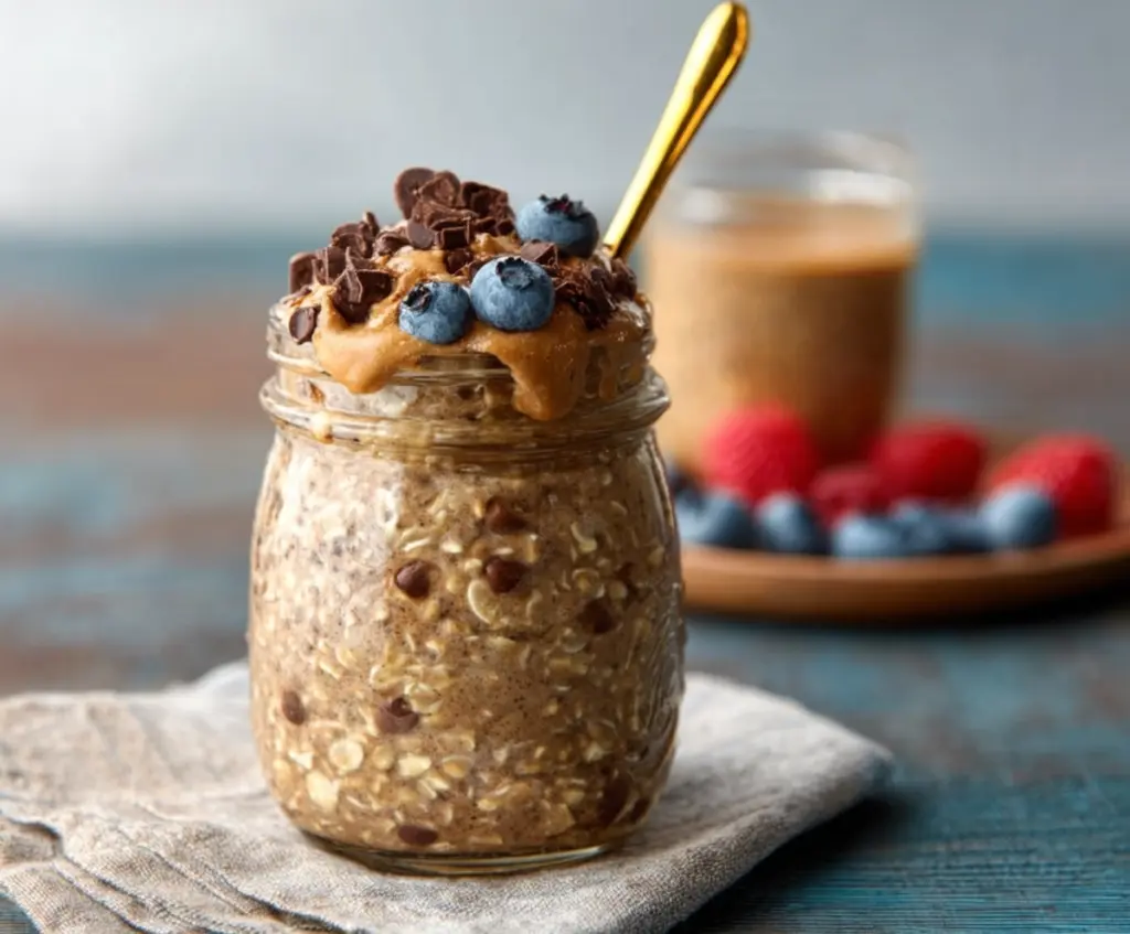 Creamy Brownie Batter Overnight Oats in a glass jar, topped with chocolate chips and sliced strawberries.