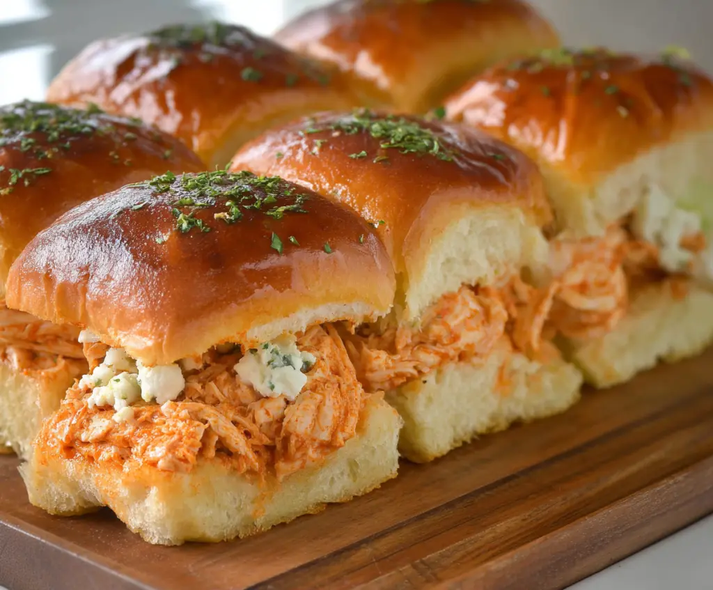 Delicious Buffalo Chicken Sliders topped with blue cheese crumbles and celery sticks on a serving platter.