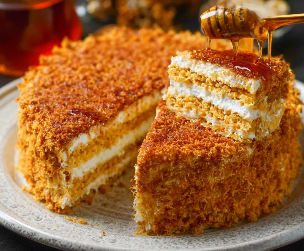 Delicious Burnt Honey Medovik layered honey cake with golden frosting