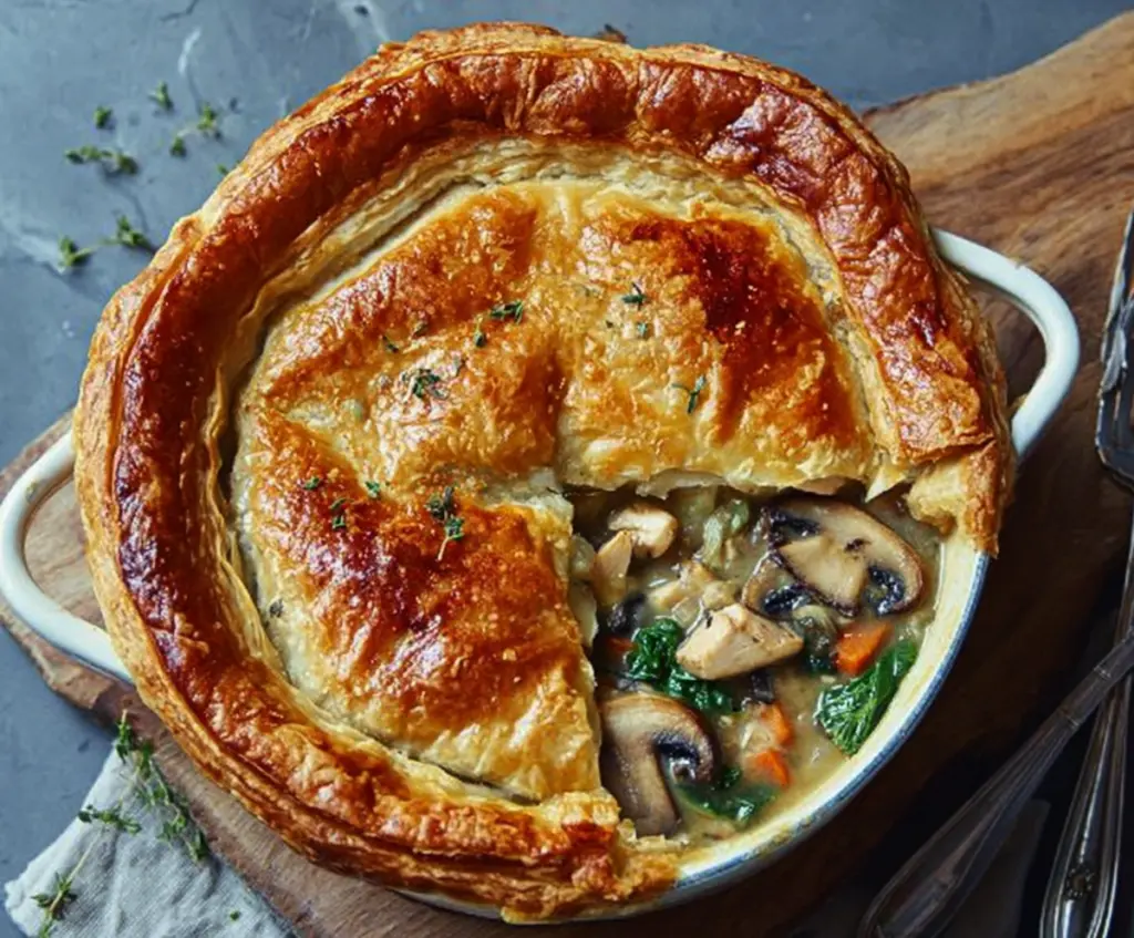 Delicious homemade chicken and mushroom pot pie with golden crust and hearty filling