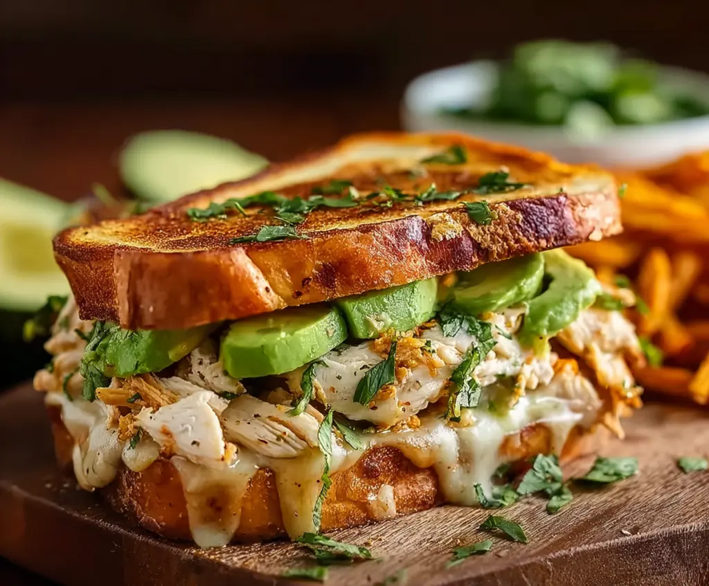 Close-up of a delicious Chicken Avocado Melt Sandwich with melted cheese, grilled chicken, and ripe avocado on toasted bread.
