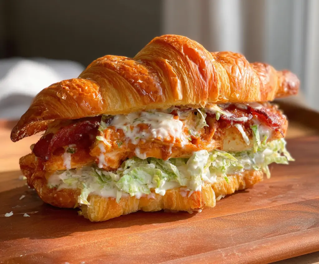 Delicious Chicken Caesar Croissant Sandwich with fresh lettuce and creamy dressing on a toasted croissant