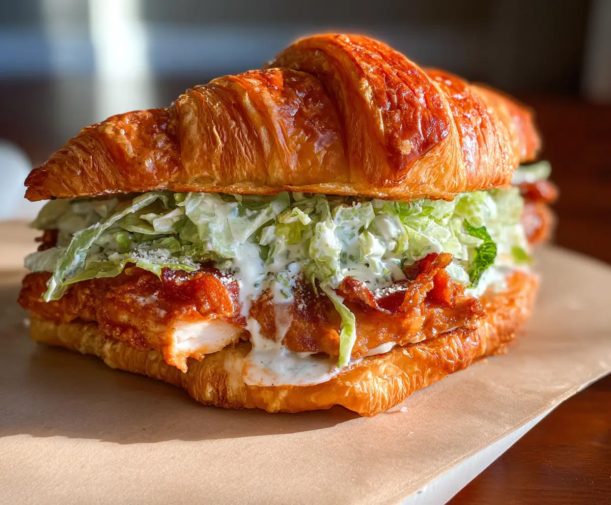 Chicken caesar croissant sandwich filled with crisp lettuce and chicken