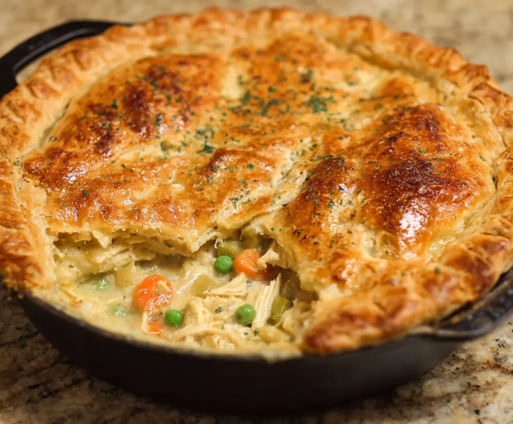 Golden-brown chicken pot pie with flaky crust and tender filling on a plate.