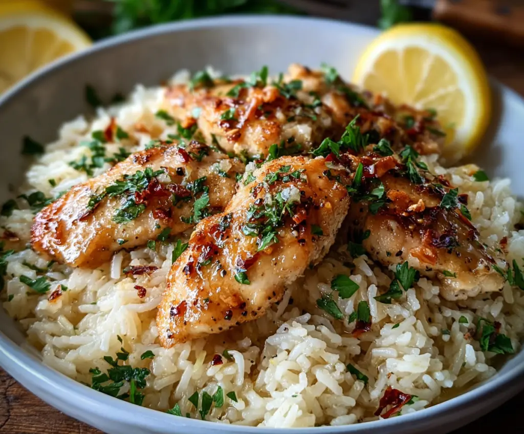 Delicious Chicken Scampi served with flavorful garlic Parmesan rice on a plate.