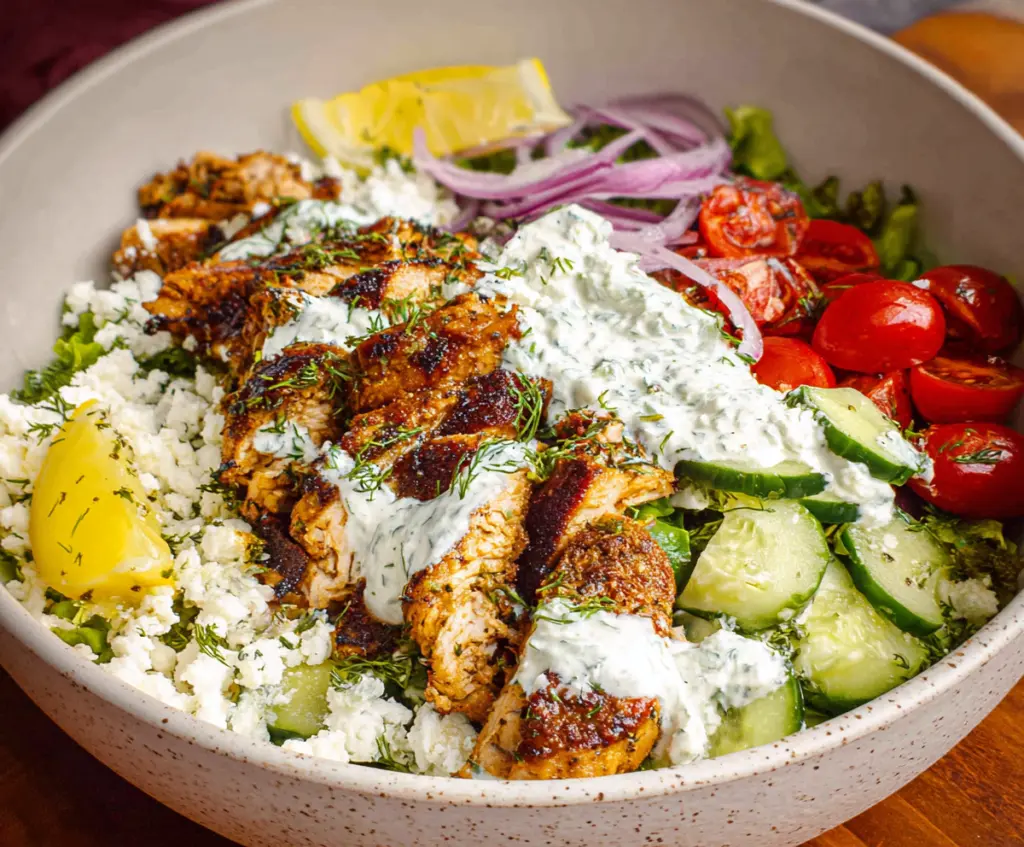 Healthy Chicken Tzatziki Bowl with grilled chicken, fresh vegetables, and creamy tzatziki sauce.
