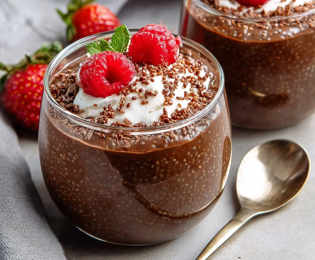 Creamy chocolate chia pudding in a glass bowl, topped with fresh strawberries and mint leaves, on a rustic wooden table.